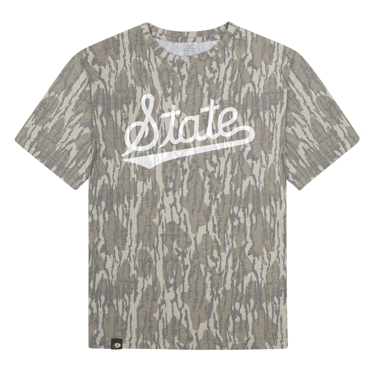 Mississippi State Script Mossy Oak Tee, white print on Mossy Oak Bottomland