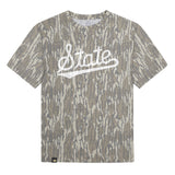 Mississippi State Script Mossy Oak Tee, white print on Mossy Oak Bottomland