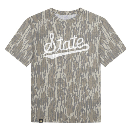 Mississippi State Script Mossy Oak Tee, white print on Mossy Oak Bottomland