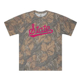 Mississippi State Script Mossy Oak Tee, pink print on Mossy Oak Fall Foliage