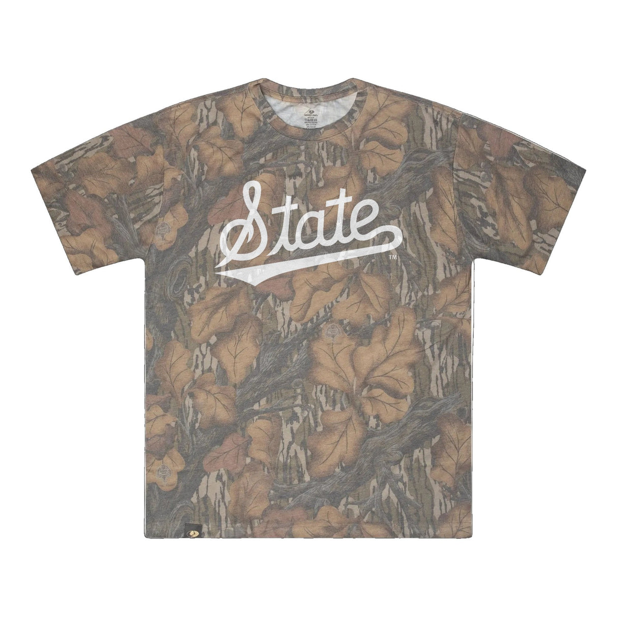 Mississippi State Script Mossy Oak Tee, white print on Mossy Oak Fall Foliage
