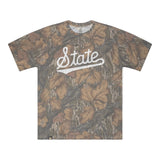 Mississippi State Script Mossy Oak Tee, white print on Mossy Oak Fall Foliage