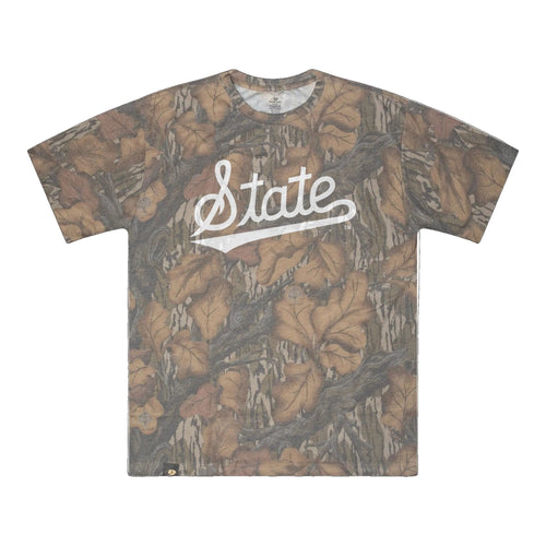 Mississippi State Script Mossy Oak Tee, white print on Mossy Oak Fall Foliage
