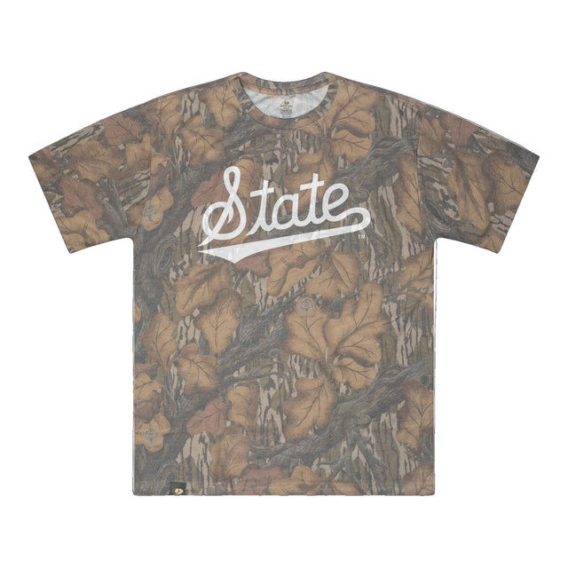 Mississippi State Script Mossy Oak Tee, white print on Mossy Oak Fall Foliage