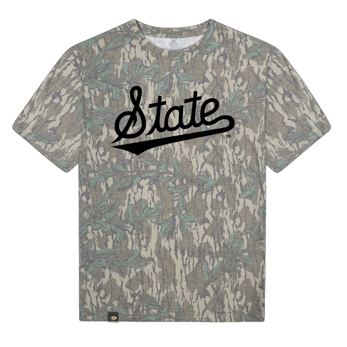 Mississippi State Script Mossy Oak Tee, black print on Mossy Oak Greenleaf
