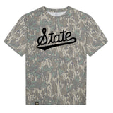 Mississippi State Script Mossy Oak Tee, black print on Mossy Oak Greenleaf