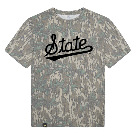 Mississippi State Script Mossy Oak Tee, black print on Mossy Oak Greenleaf