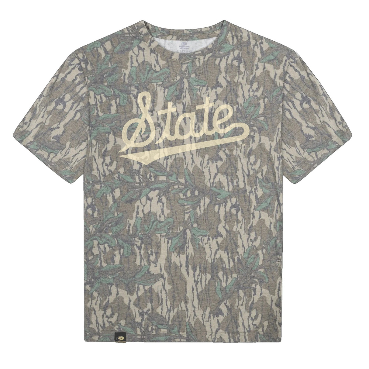 Mississippi State Script Mossy Oak Tee, cream print on Mossy Oak Greenleaf