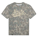 Mississippi State Script Mossy Oak Tee, cream print on Mossy Oak Greenleaf