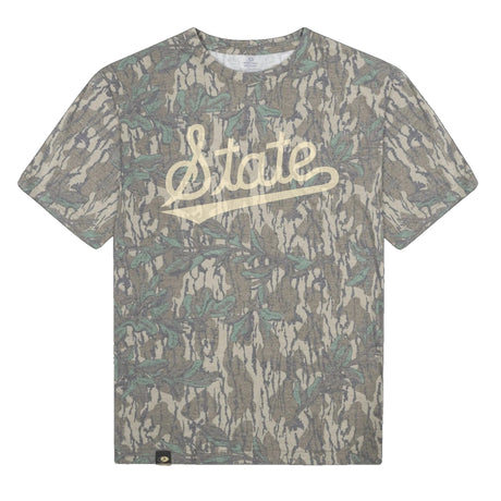 Mississippi State Script Mossy Oak Tee, cream print on Mossy Oak Greenleaf