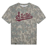 Mississippi State Script Mossy Oak Tee, maroon print on Mossy Oak Greenleaf