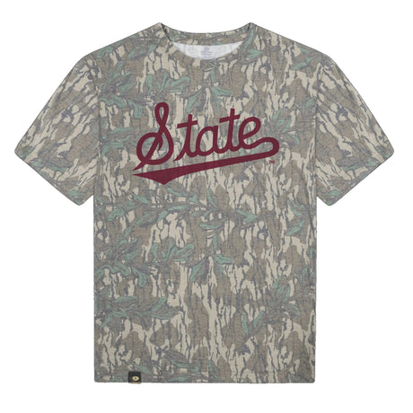 Mississippi State Script Mossy Oak Tee, maroon print on Mossy Oak Greenleaf