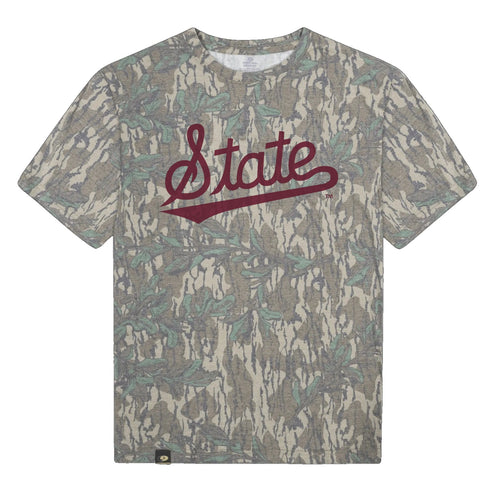 Mississippi State Script Mossy Oak Tee, maroon print on Mossy Oak Greenleaf