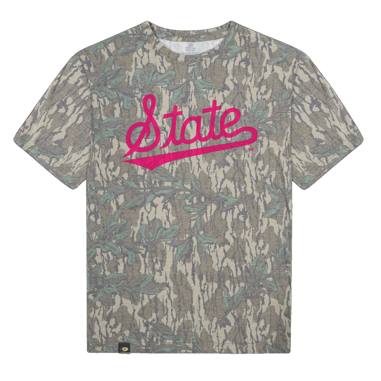 Mississippi State Script Mossy Oak Tee, pink print on Mossy Oak Greenleaf