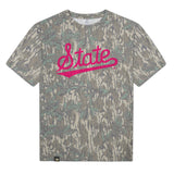 Mississippi State Script Mossy Oak Tee, pink print on Mossy Oak Greenleaf