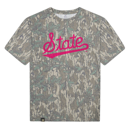 Mississippi State Script Mossy Oak Tee, pink print on Mossy Oak Greenleaf