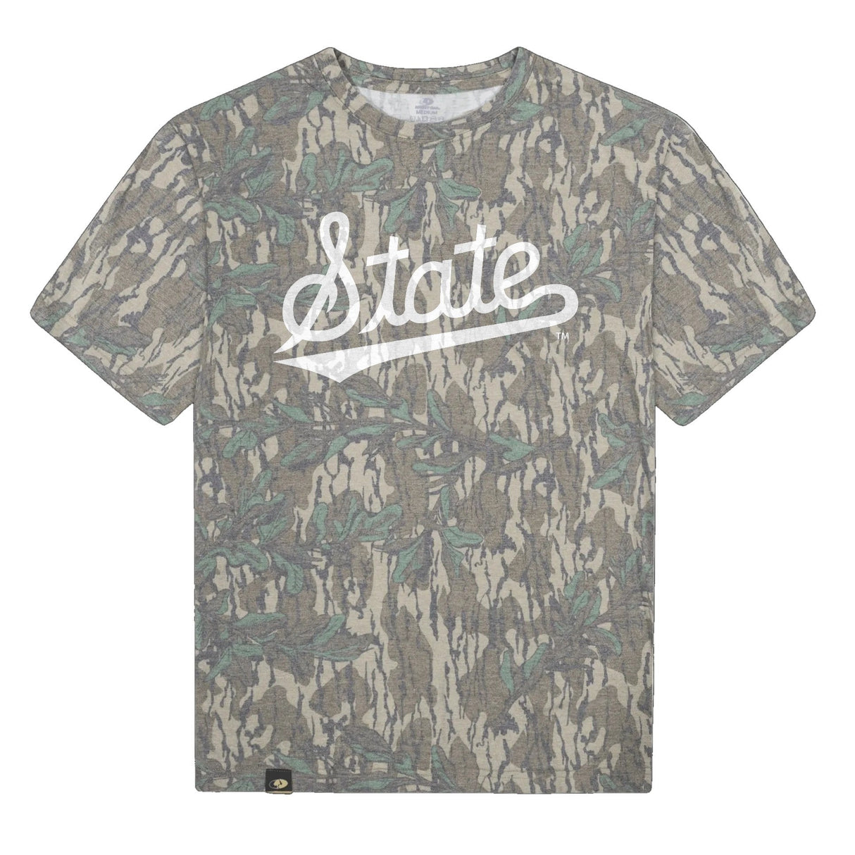 Mississippi State Script Mossy Oak Tee, white print on Mossy Oak Greenleaf