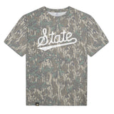 Mississippi State Script Mossy Oak Tee, white print on Mossy Oak Greenleaf