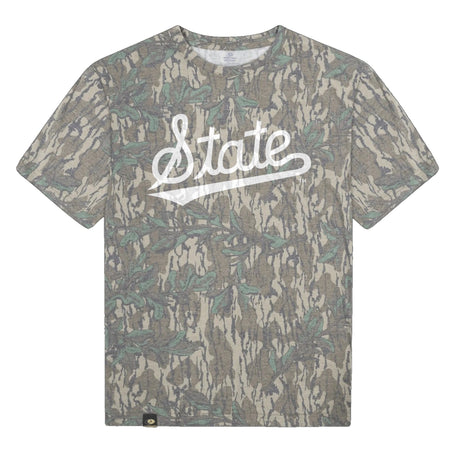 Mississippi State Script Mossy Oak Tee, white print on Mossy Oak Greenleaf