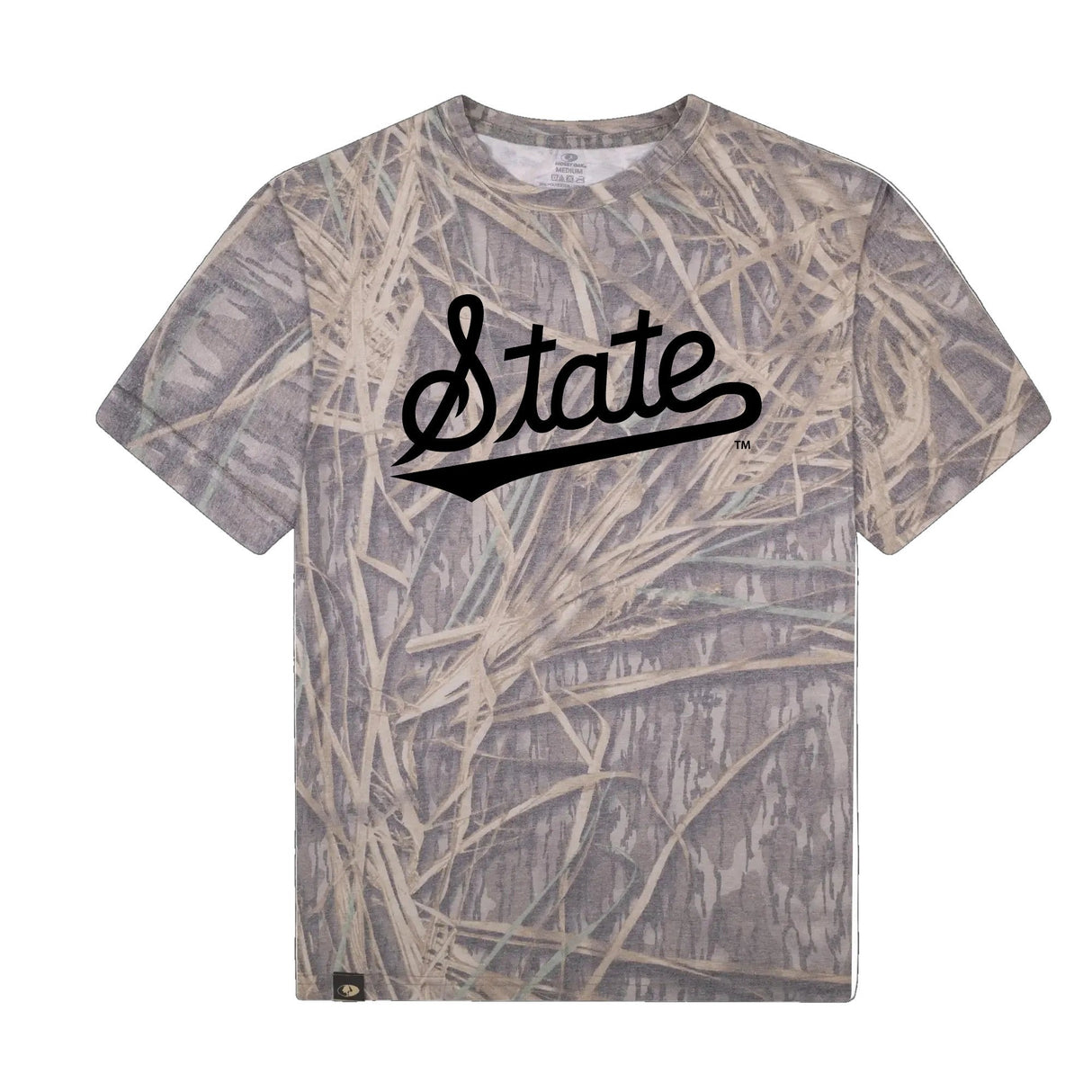 Mississippi State Script Mossy Oak Tee, black print on Mossy Oak Shadow Grass
