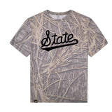 Mississippi State Script Mossy Oak Tee, black print on Mossy Oak Shadow Grass