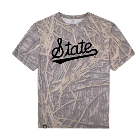 Mississippi State Script Mossy Oak Tee, black print on Mossy Oak Shadow Grass