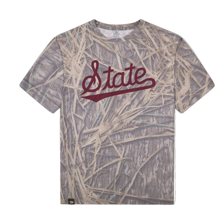 Mississippi State Script Mossy Oak Tee, maroon print on Mossy Oak Shadow Grass