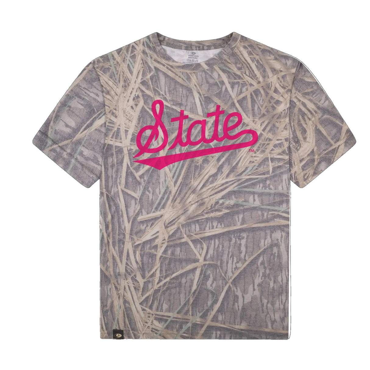 Mississippi State Script Mossy Oak Tee, pink print on Mossy Oak Shadow Grass
