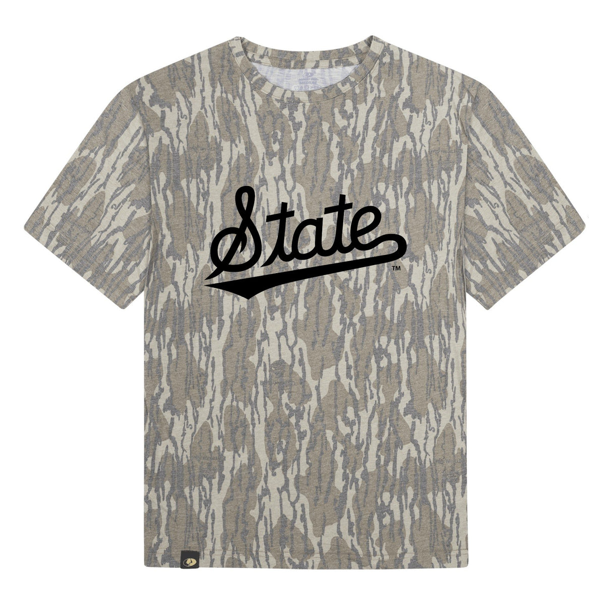 Mississippi State Script Mossy Oak Youth Tee, black print on Mossy Oak Bottomland