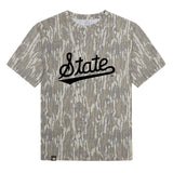 Mississippi State Script Mossy Oak Youth Tee, black print on Mossy Oak Bottomland