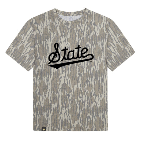 Mississippi State Script Mossy Oak Youth Tee, black print on Mossy Oak Bottomland