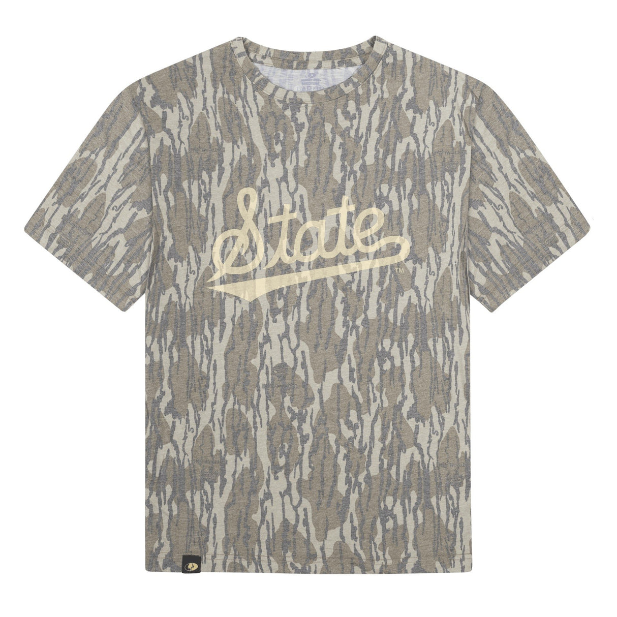 Mississippi State Script Mossy Oak Youth Tee, cream print on Mossy Oak Bottomland