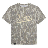 Mississippi State Script Mossy Oak Youth Tee, cream print on Mossy Oak Bottomland