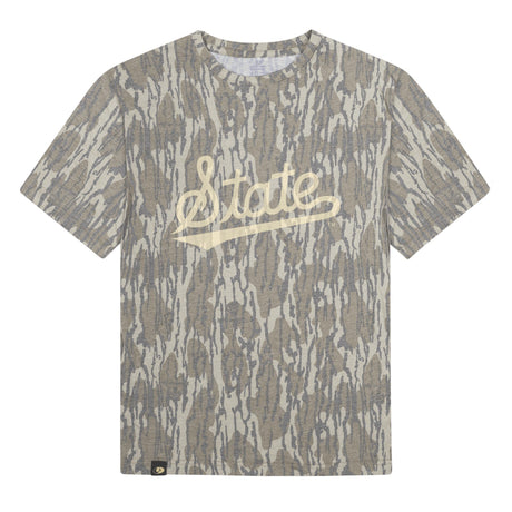 Mississippi State Script Mossy Oak Youth Tee, cream print on Mossy Oak Bottomland