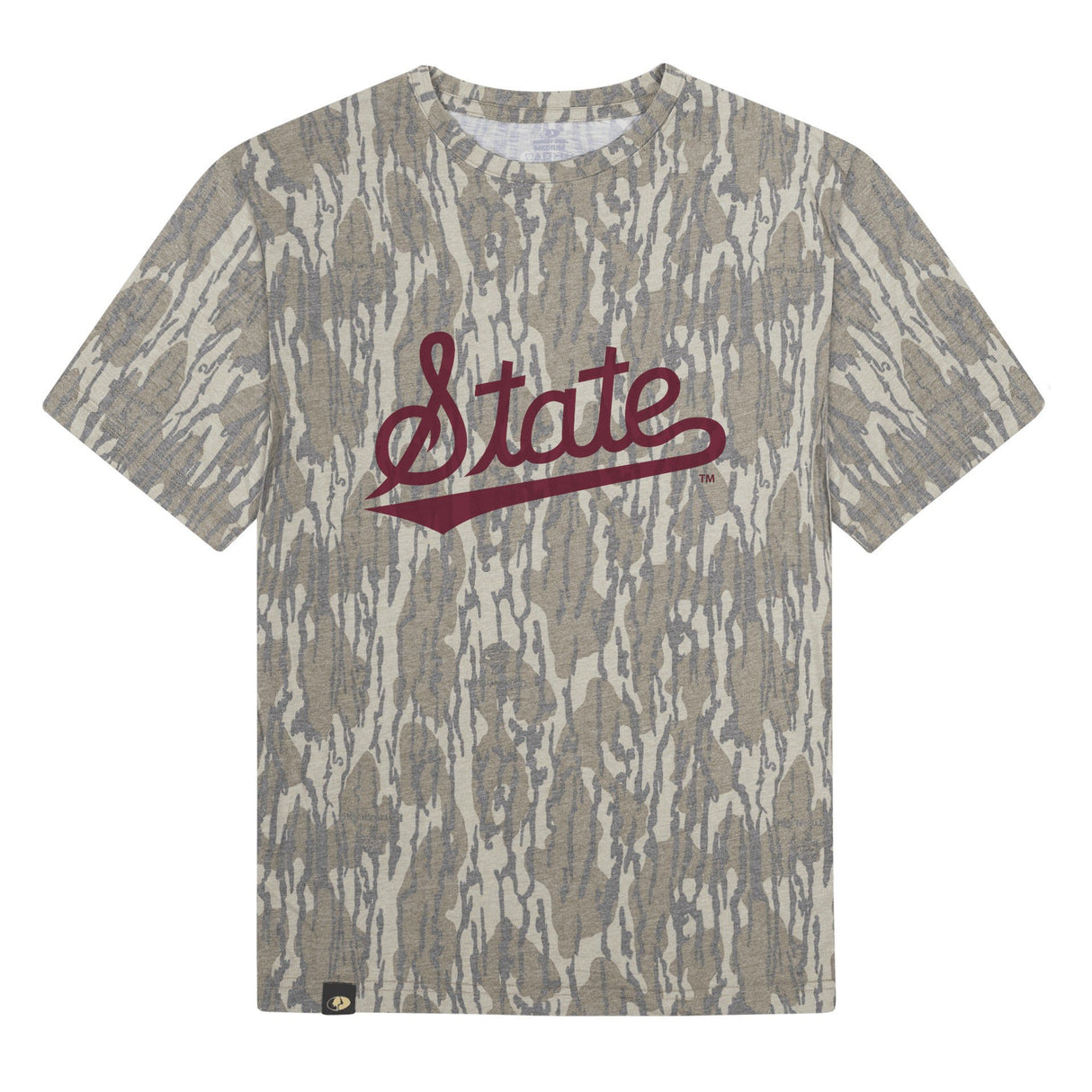 Mississippi State Script Mossy Oak Youth Tee, maroon print on Mossy Oak Bottomland
