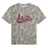 Mississippi State Script Mossy Oak Youth Tee, maroon print on Mossy Oak Bottomland