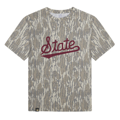 Mississippi State Script Mossy Oak Youth Tee, maroon print on Mossy Oak Bottomland