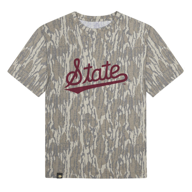 Mississippi State Script Mossy Oak Youth Tee, maroon print on Mossy Oak Bottomland