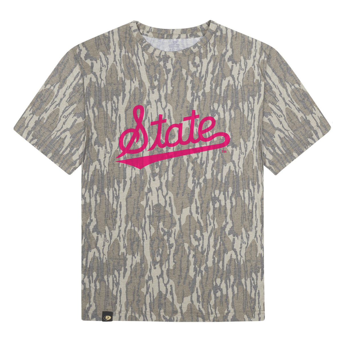 Mississippi State Script Mossy Oak Youth Tee, pink print on Mossy Oak Bottomland