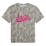 Mississippi State Script Mossy Oak Youth Tee, pink print on Mossy Oak Bottomland