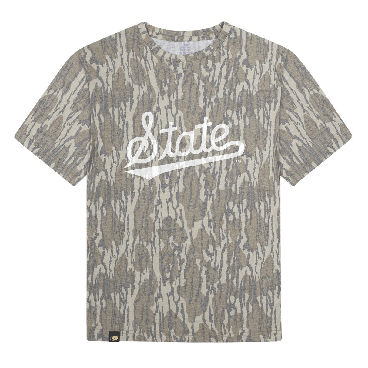 Mississippi State Script Mossy Oak Youth Tee, white print on Mossy Oak Bottomland