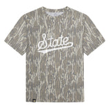 Mississippi State Script Mossy Oak Youth Tee, white print on Mossy Oak Bottomland