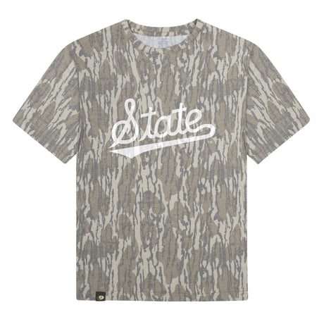 Mississippi State Script Mossy Oak Youth Tee, white print on Mossy Oak Bottomland
