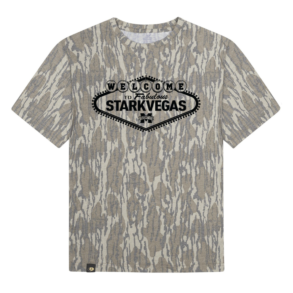 Welcome to StarkVegas Mossy Oak Tee, black print on Mossy Oak Bottomland