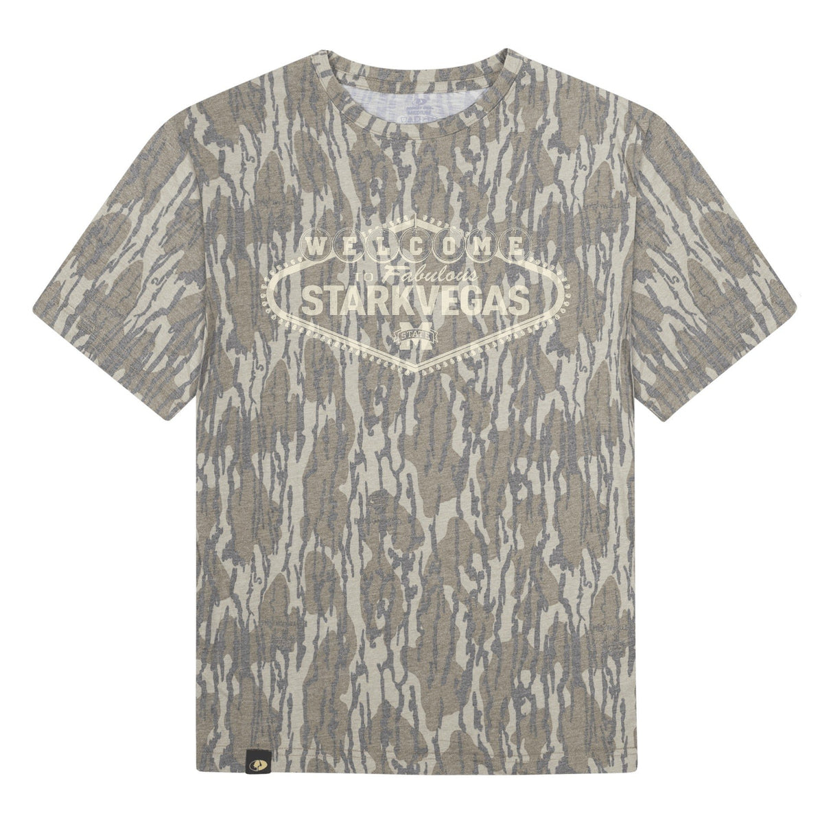 Welcome to StarkVegas Mossy Oak Tee, cream print on Mossy Oak Bottomland