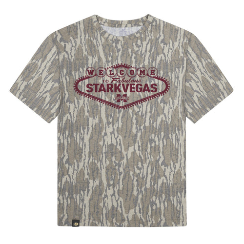 Welcome to StarkVegas Mossy Oak Tee, maroon print on Mossy Oak Bottomland