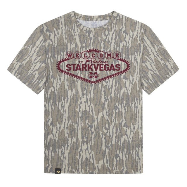 Welcome to StarkVegas Mossy Oak Tee, maroon print on Mossy Oak Bottomland