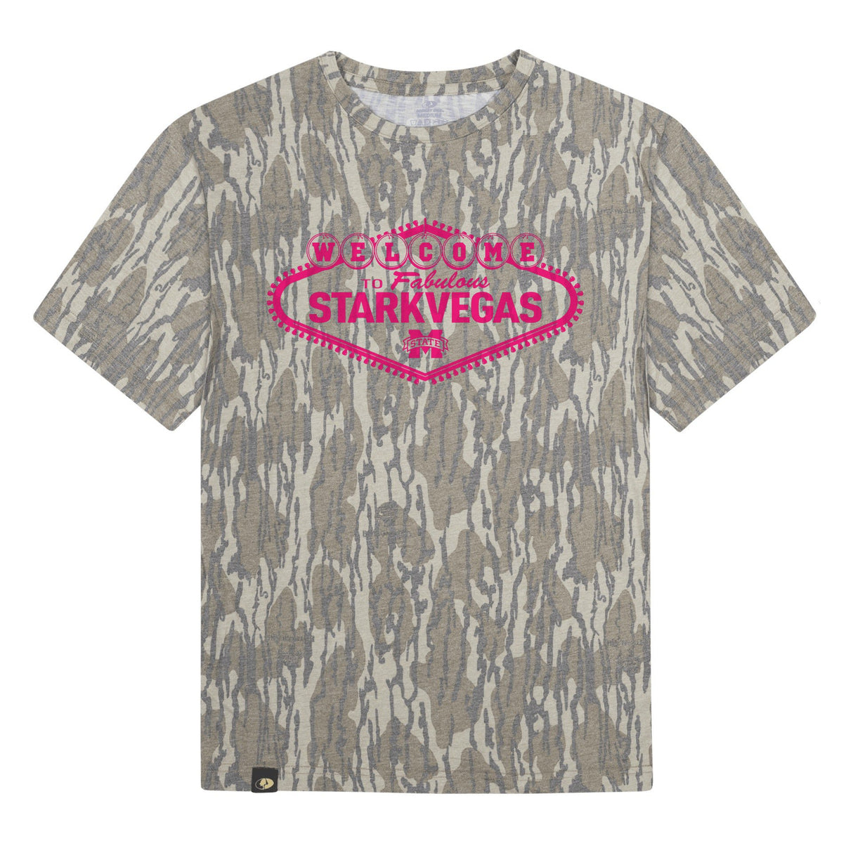 Welcome to StarkVegas Mossy Oak Tee, pink print on Mossy Oak Bottomland