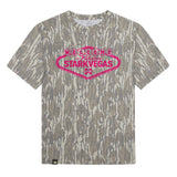 Welcome to StarkVegas Mossy Oak Tee, pink print on Mossy Oak Bottomland