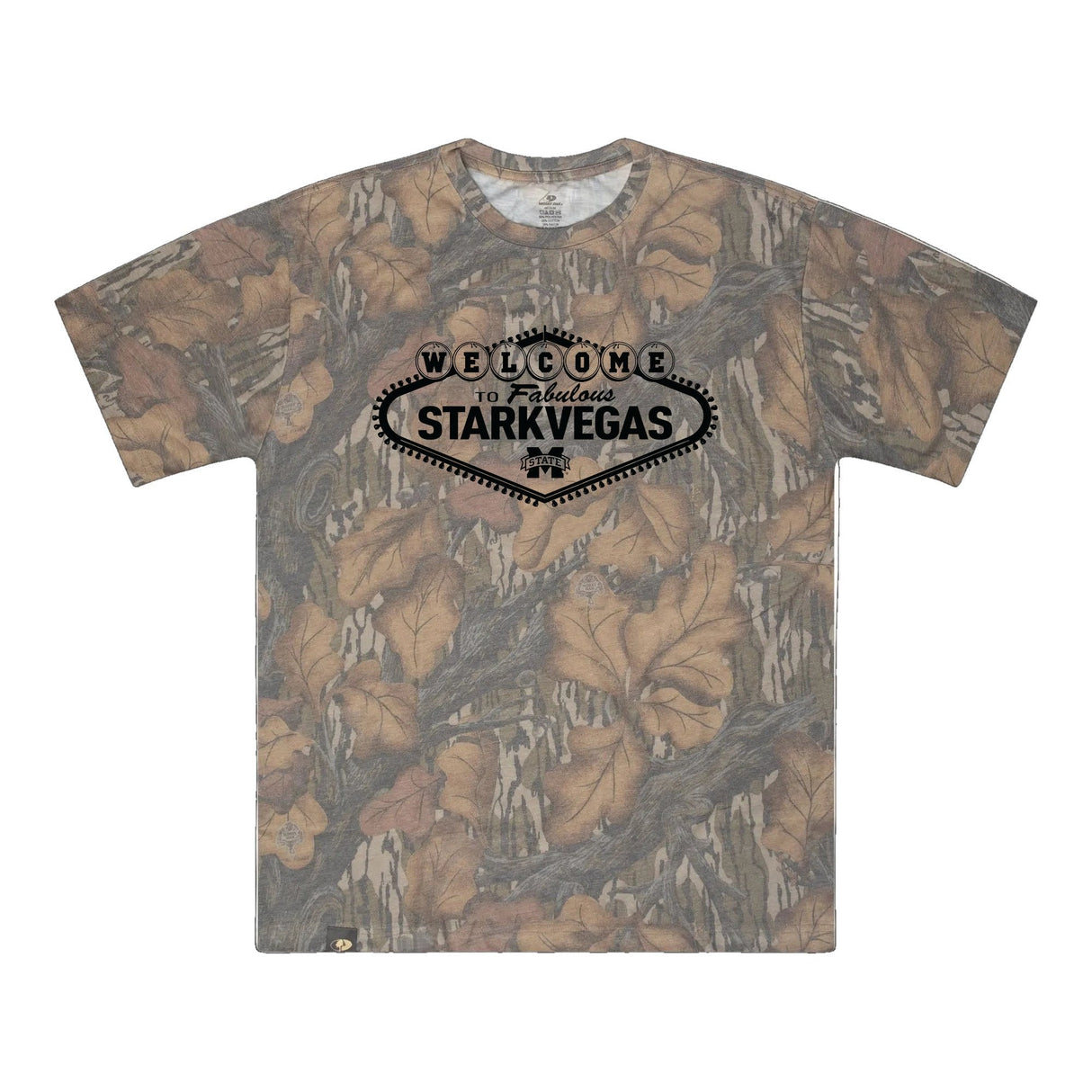 Welcome to StarkVegas Mossy Oak Tee, black print on Mossy Oak Fall Foliage